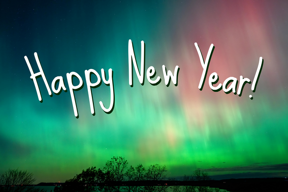 Text reads: Happy New Year, photo is of aurora over Reads Landing, Minnesota