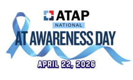 Logo for National AT Awareness Day; a blue ribbon is in the background and the date April 22, 2026 is highlighted