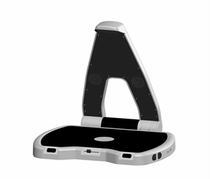 LyriQ Assisitve Reader, device has a black base and a triangular arm which holds a camera, buttons on the base control the device