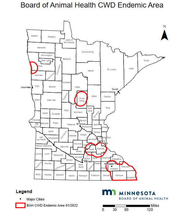 Map of Minnesota's CWD endemic areas