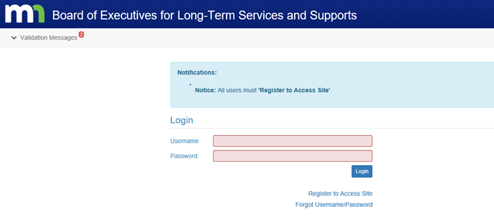 Image of login screen for the Board of Executives for Long-Term Services and Supports Online Portal