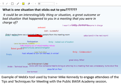 Screen shot example of WebEx tool used by trainer to engage attendees of BWSR Academy session