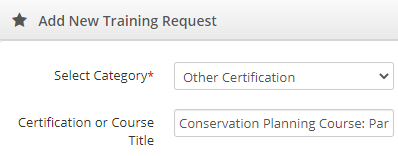 Screen Shot of Add New Training Request Window
