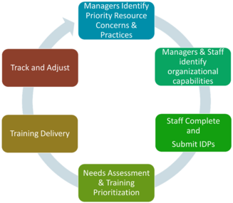 Flowchart showing managers identifying resource concerns, staff submitting IDPs, trainings being offered, and tracking of IDPs.