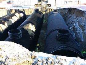 Stormwater reuse tanks underground during construction of reuse system at Bayview Elementary