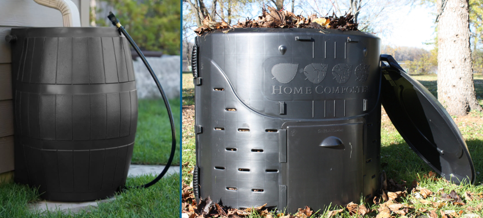 rain barrel and compost bins 