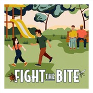 Graphic of two youth playing on grass with playground in the background, while their parents sit on a bench and watch them.