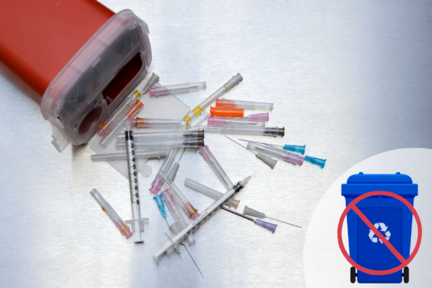 Photos of needles and other sharps with a "not in the garbage" symbol