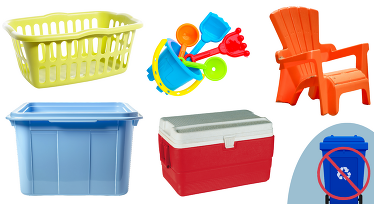 Image of a cooler, lawn chair, laundry basket, and other bulky plastic items that can't be recycled.