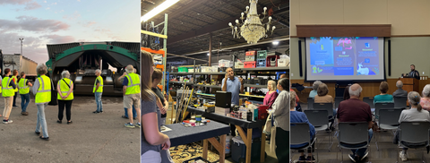 Three images in a banner. Images of people on tours of recycling facilities and in classrooms. 