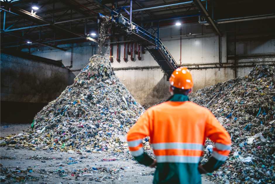A conveyor belt spills a pile of recyclables in a mound while a staff member in orange stands in the forefront. 