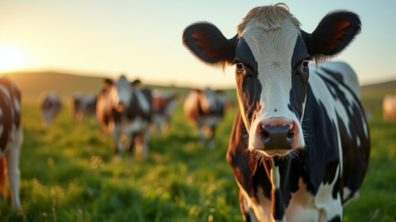 Cow in a field with sunset