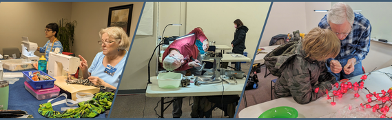 Two women at sewing machines, a man fixing a stand mixer, and a man and child fixing a string of flower lights