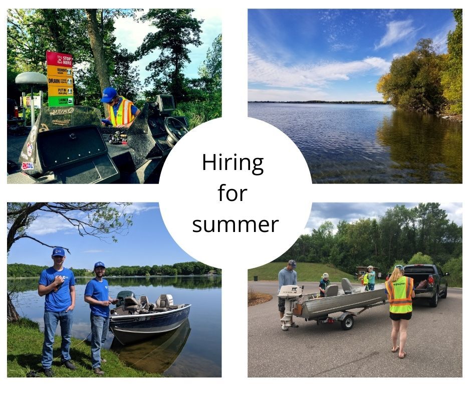 Person inspecting a boat, a lake, family and inspector with a boat, and two staff pose by a boat on the lake.