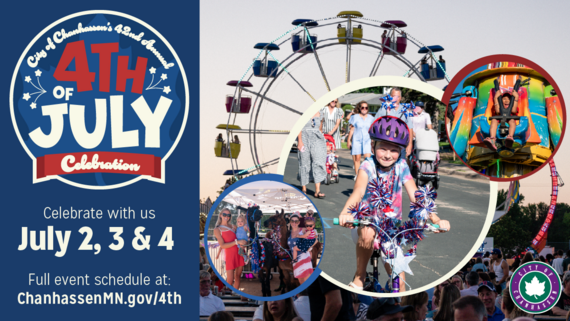 Celebrate with us July 2, 3 & 4 | Full event schedule at ChanhassenMN.gov/4th | Image of Child on a bike decorated with July 4th gear