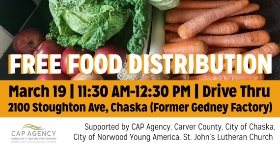Free Food Distribution | March 19 | 11:30 AM-12:30 PM | Drive Thru | 2100 Stoughton Ave, Chaska (Former Gedney Factory)