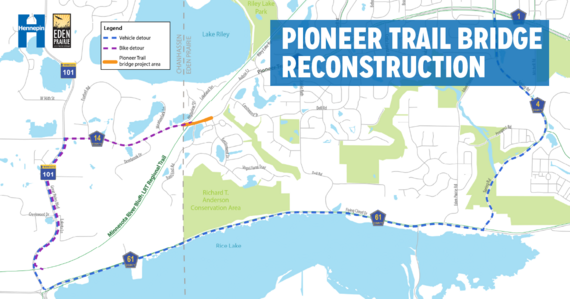 Pioneer Trail Bridge Reconstruction | Hennepin County and Eden Prairie Partnership | Detour Map of construction zone