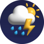 Graphic of a partly sunny storm cloud with rain and lightning on a dark blue background.