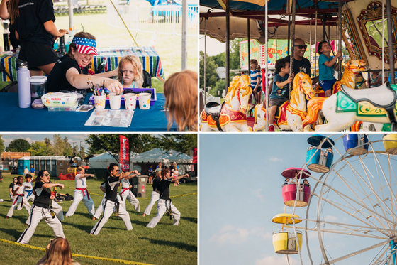 Four-photo collage shows face painting, carousel rides, a martial arts demonstration, and a Ferris wheel at Chanhassen’s July 4 celebration.