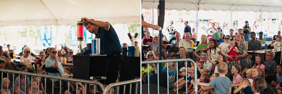 Split image of a magician performing for smiling children and families under a festival tent.