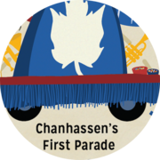 Illustration of a parade float with a white maple leaf and the words “Chanhassen’s First Parade.”