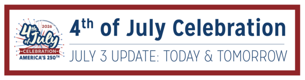 Graphic for Chanhassen’s 2026 4th of July Celebration, with America’s 250th logo and July 3 update: Today & Tomorrow.