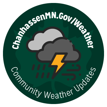 Circular Community Weather Updates badge with storm clouds, rain and lightning under ChanhassenMN.Gov/Weather.