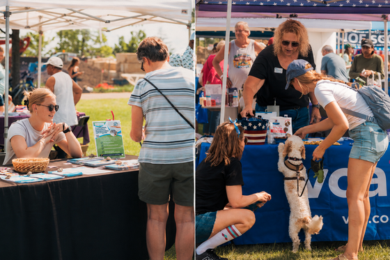 Two photos show visitors talking with vendors, including an animal hospital booth, at the 4th of July Business Expo.