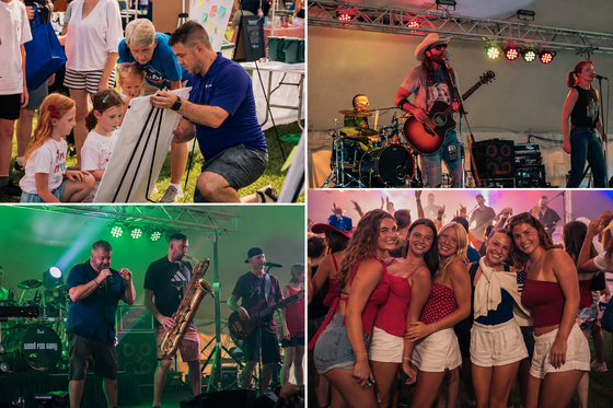 Four-photo collage of kids doing an activity, bands performing on stage and friends smiling at the street dance.