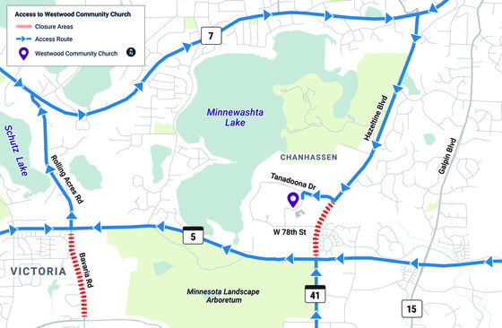 Map showing the detour route to Westwood Community Church via highways 5, 7, 13 and 41 during Highway 5 construction.