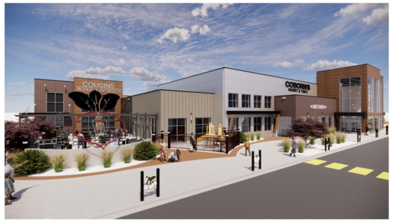 Architectural renderings of the planned Coborn’s Market, showing exterior views and interior food counters, including The Buttered Tin.