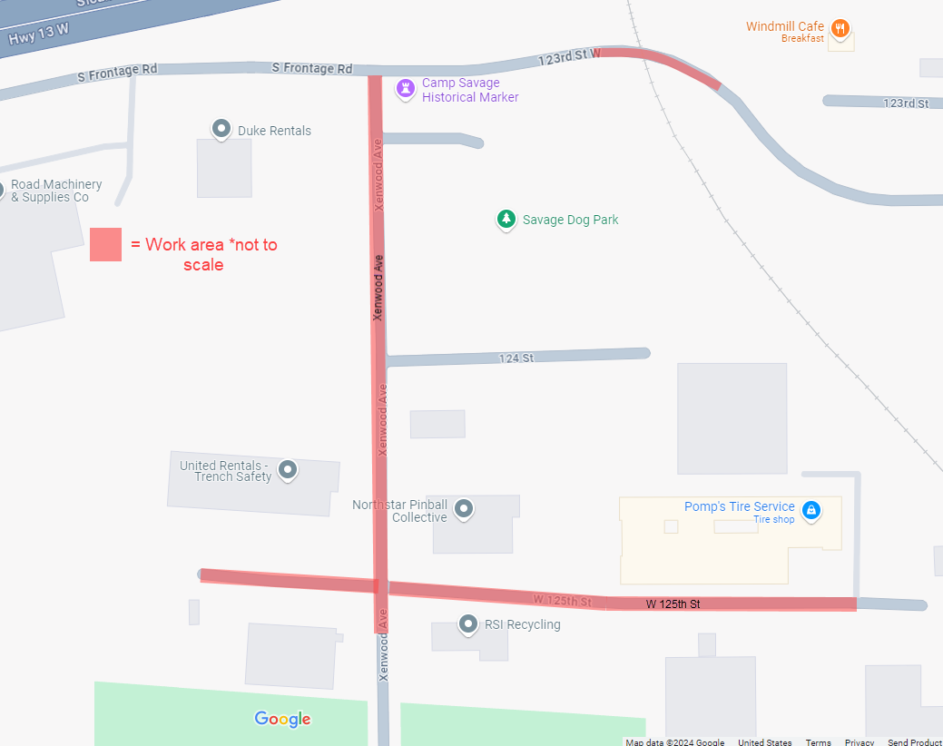 Map of Nov 2024 construction in Savage, MN