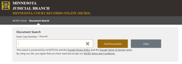 Screenshot of Minnesota Court Records Online (MCRO) search interface