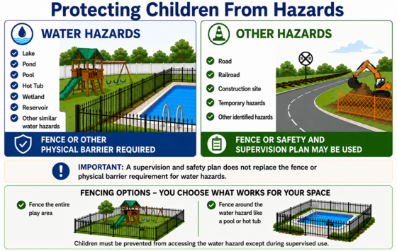 Graphic comparing water and other outdoor hazards and showing fences around either the entire play area or only the water hazard.