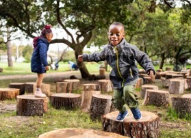 Child jumping on tree stumps