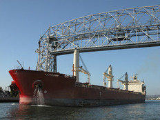 Ship going under Duluth lift bridge