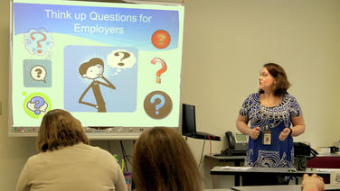Betsy Hill teaches a job fair preparation workshop at the Duluth Workforce Development Center.