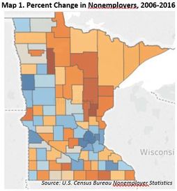 Map showing Minnesota and the change in nonemployers from 2006-2016