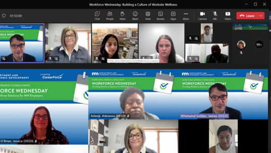 A screenshot of the virtual Workforce Wednesday meeting