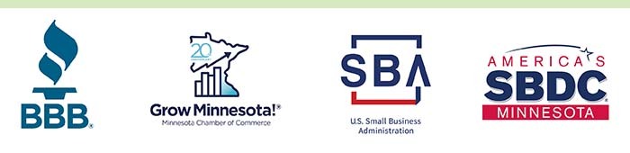 Logos of Better Business Bureau. Minnesota Chamber of Commerce, US Small Business Administration and Minnesota SBDC