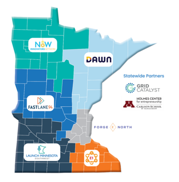 Map of Minnesota with highlighted sections representing the partner that covers that region.