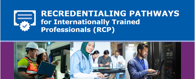 Workers in engineering, healthcare and IT with text saying recredentialing pathways for internationally trained professionals