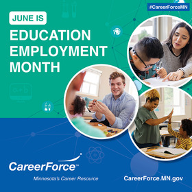 Three pictures of people teaching with text stating June is Education Employment Month