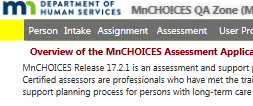 Screen shot showing MnCHOICES software version