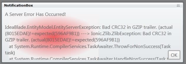 An unhandled error stating a server error has occured. There is an ok button.