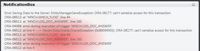 An unhandled exception error notification stating error saving data to the server: entity manager save exception ORA-08177: