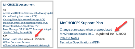 Screenshot of MnCHOICES assessment and Support Plan headings pointing to Known Issues for each