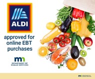 Aldi  and DHS logos with healthy food spilling out of a grocery bag 