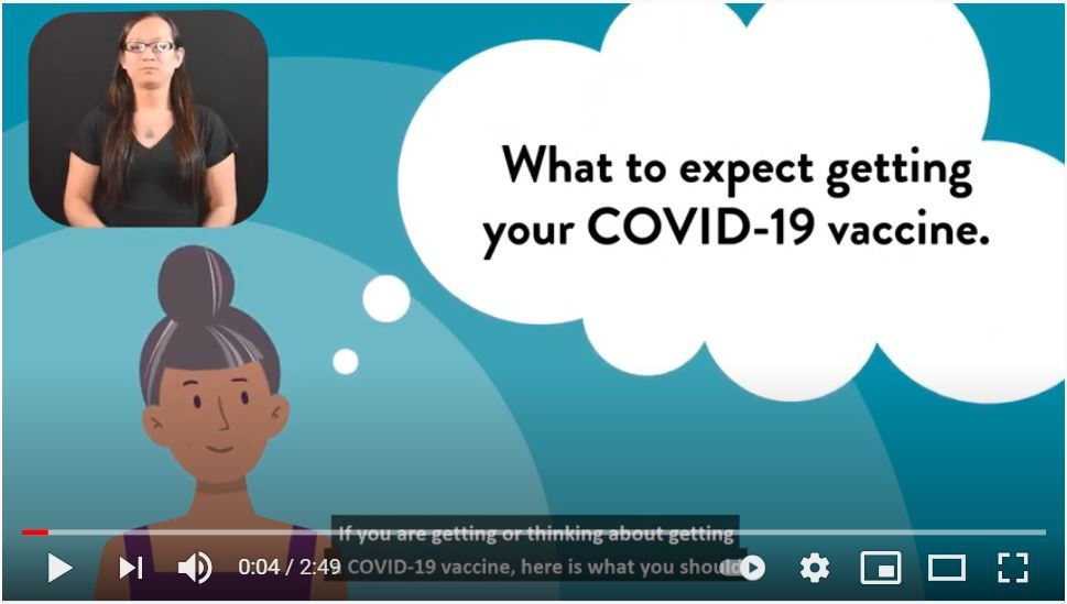 What to expect getting the COVID-19 vaccine (video still shot). Interpreter in upper left corner.