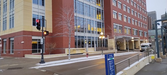Elmer L. Andersen Human Services Building, viewed from the Metro Transit Green Line light rail platform